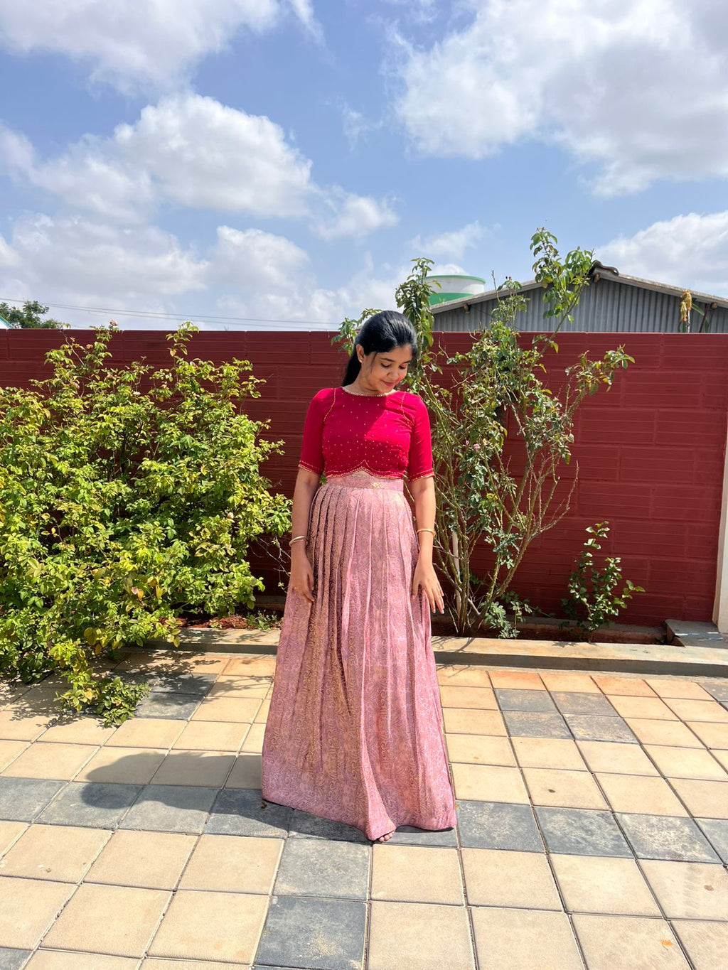 Brocade skirt with aari embroidery crop top