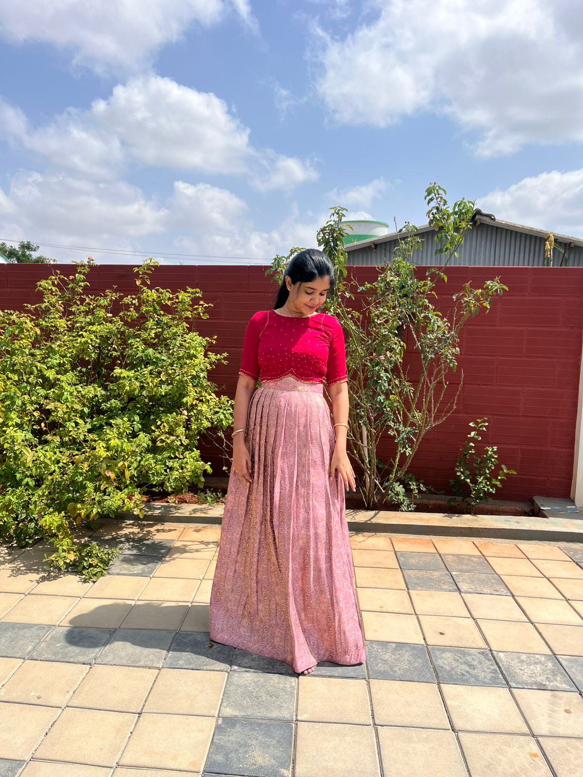 Brocade skirt with aari embroidery crop top