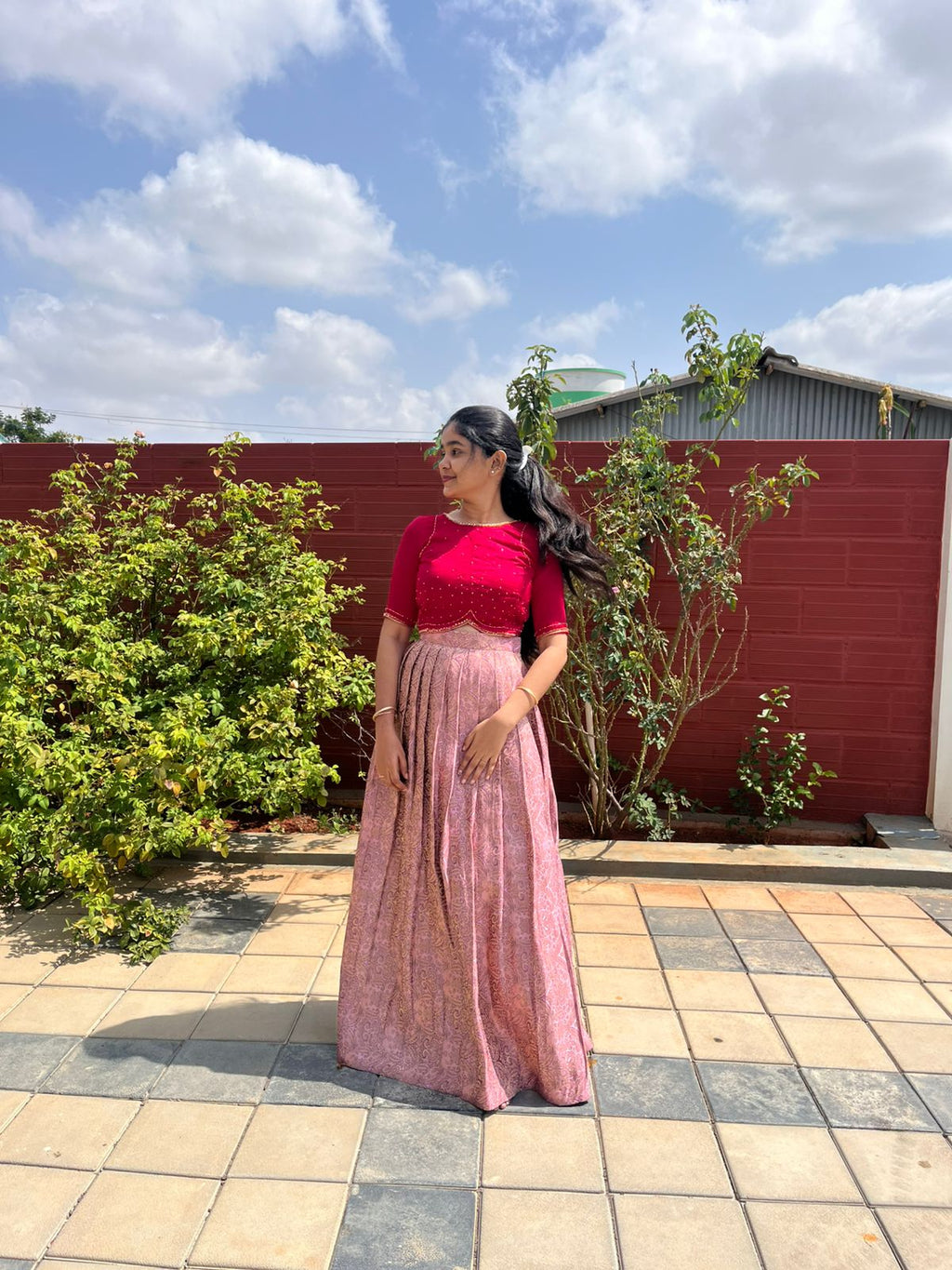 Brocade skirt with aari embroidery crop top