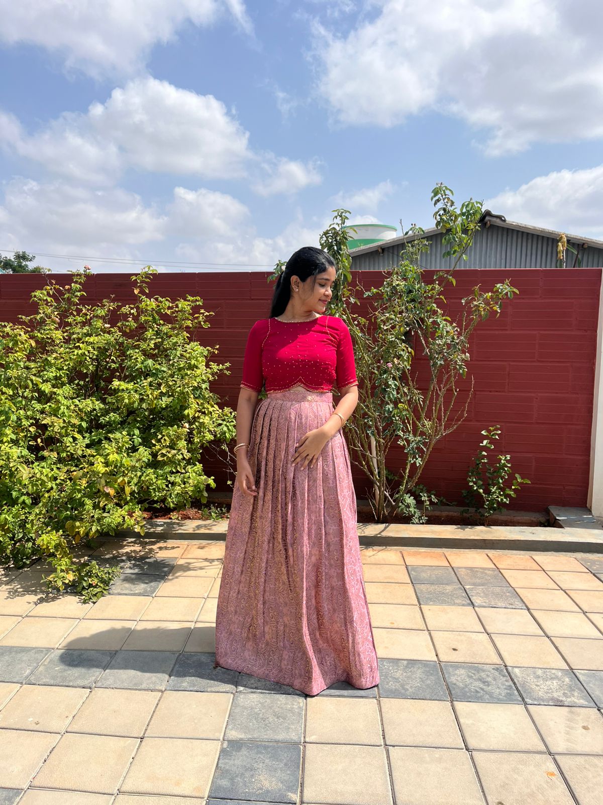 Brocade skirt with aari embroidery crop top